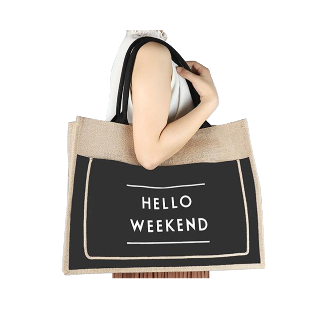 Geanta de plaja din iuta pentru femei hello weekend vibes geanta de plaja din burlap buzunar interior cu fermoar geanta personalizata