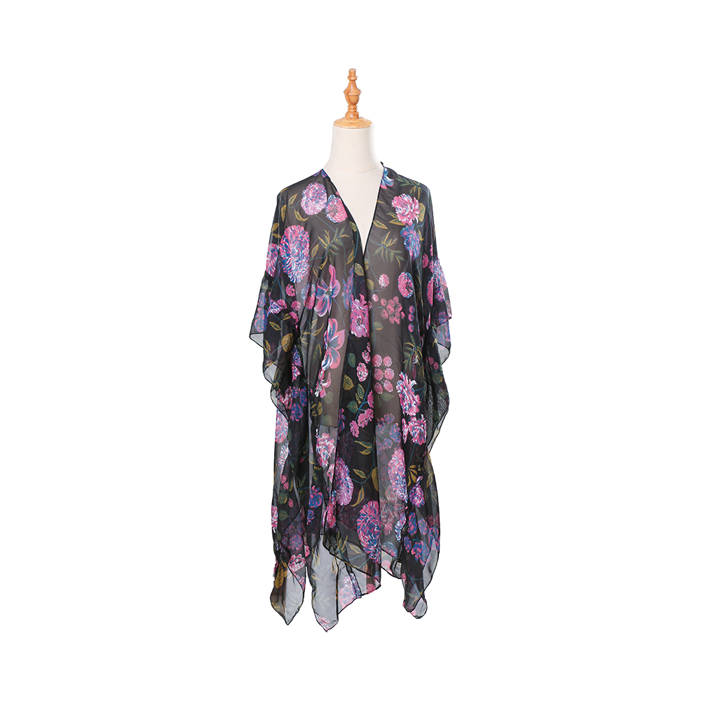 Cardigan kimono din șifon, cu mâneci bufante, cu imprimeu floral, care acoperă bluze casual