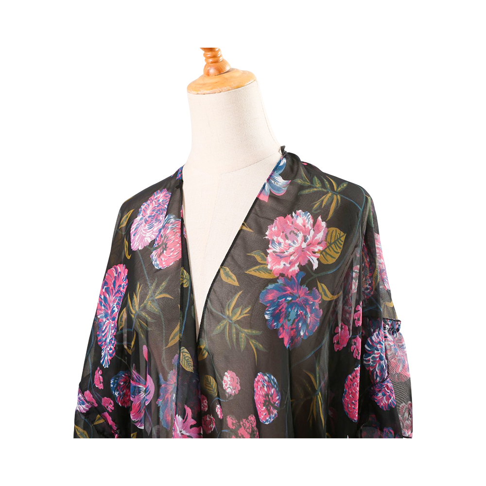 Cardigan kimono din șifon, cu mâneci bufante, cu imprimeu floral, care acoperă bluze casual