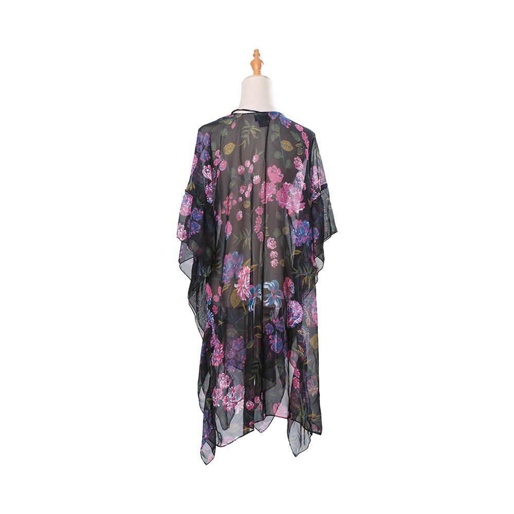 Cardigan kimono din șifon, cu mâneci bufante, cu imprimeu floral, care acoperă bluze casual