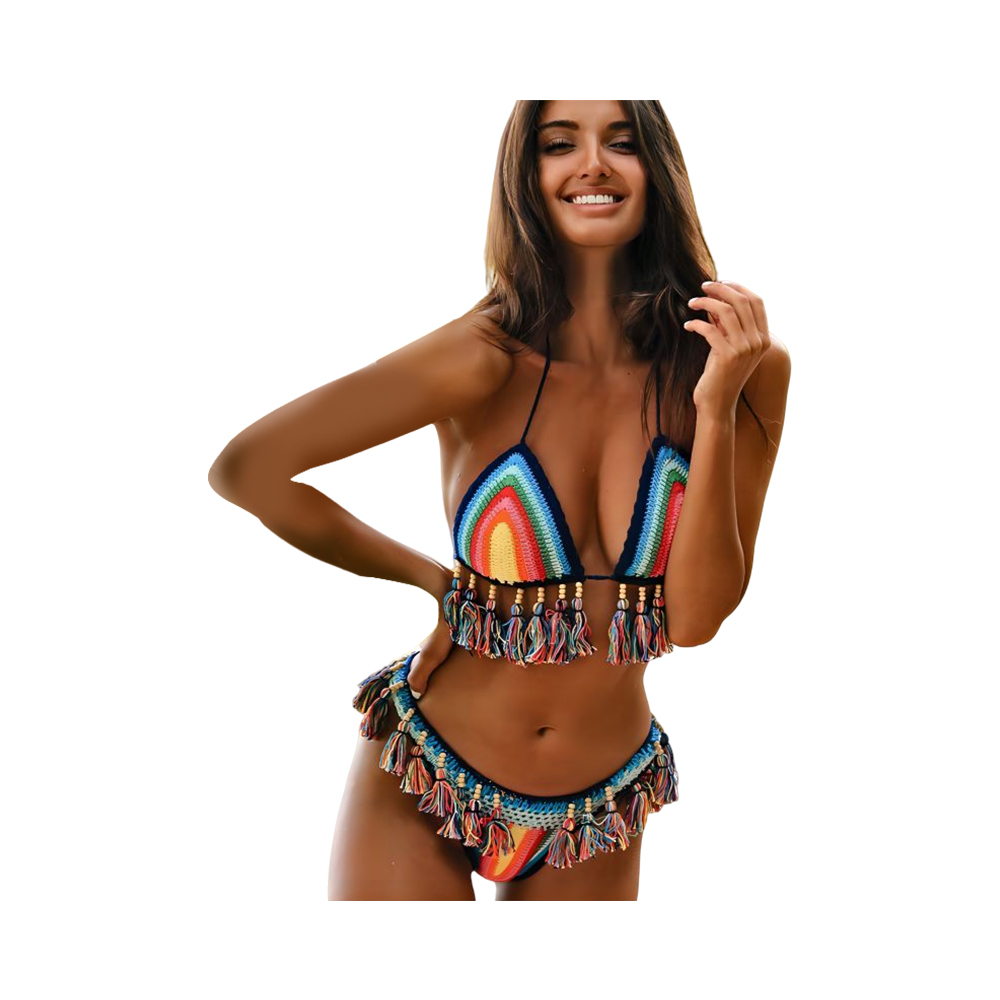 Acrilic colorat croșetat de mână costume de baie bikini sexy, set costum de baie de plajă bikini cu ciucuri pentru femei