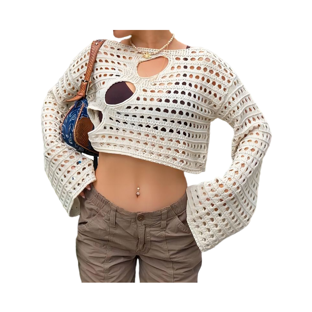 Topuri crop top din tricot croșetat pentru femei, cu mânecă lungă, cu gât pătrat, pulovere de toamnă