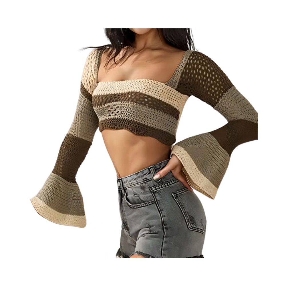 Crop top pentru femei cu mânecă lungă, tricot croșetat, pulover, pulover, bluză, cămăși largi, mozaic, îmbrăcăminte stradală din anii 90